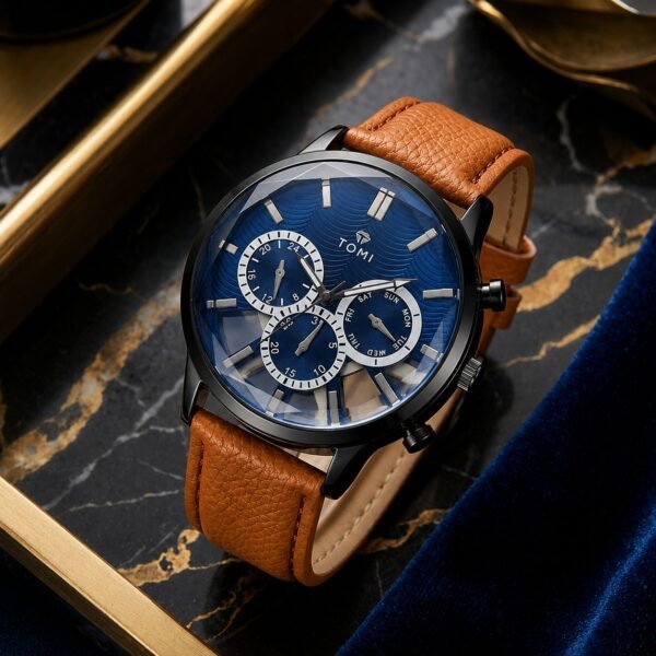 WhatsApp Image 2026-07-30 at 2.21.19 PM (1) TOMI Chronograph – Blue Dial Brown Leather Watch For Men | WB-02