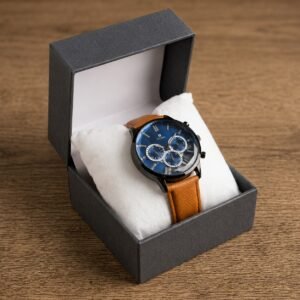 TOMI Chronograph – Blue Dial Brown Leather Watch For Men | WB-02